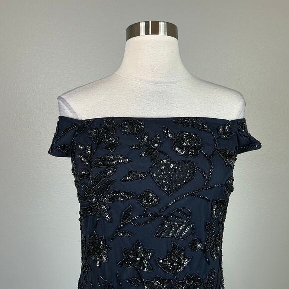 Adrianna Papell Beaded Off the Shoulder Evening Gown Blue Size 6 Formal Dress - Picture 5 of 10